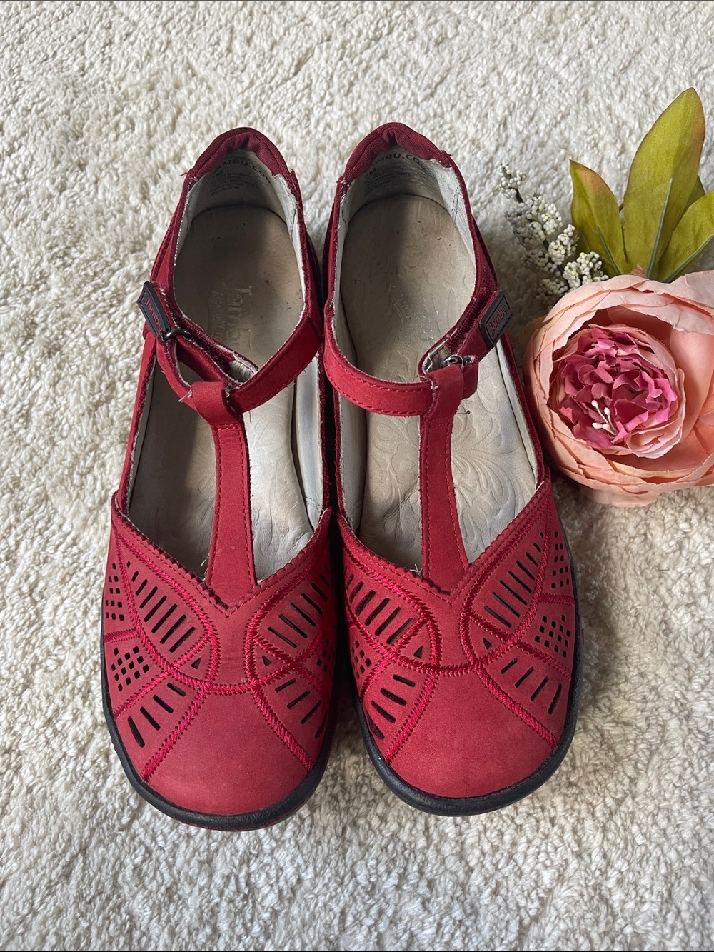 Jambu Red T-Strap Perforated Comfort Mary Jane Flats